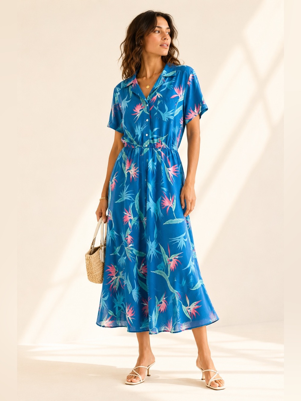 Vintage Tropical Aloha Midi Dress Bird of Paradise Pocket Blue Sz 16